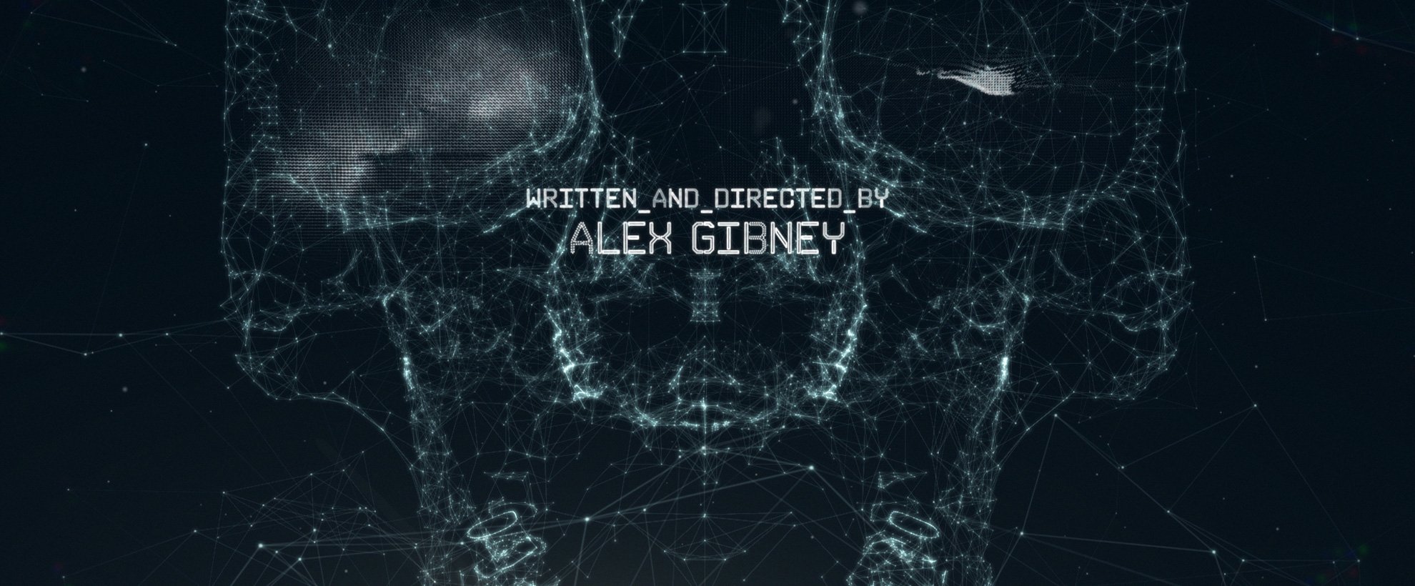 A digital skull from the opening titles of Wikileaks, "written and directed by Alex Gibney" is written in the centre