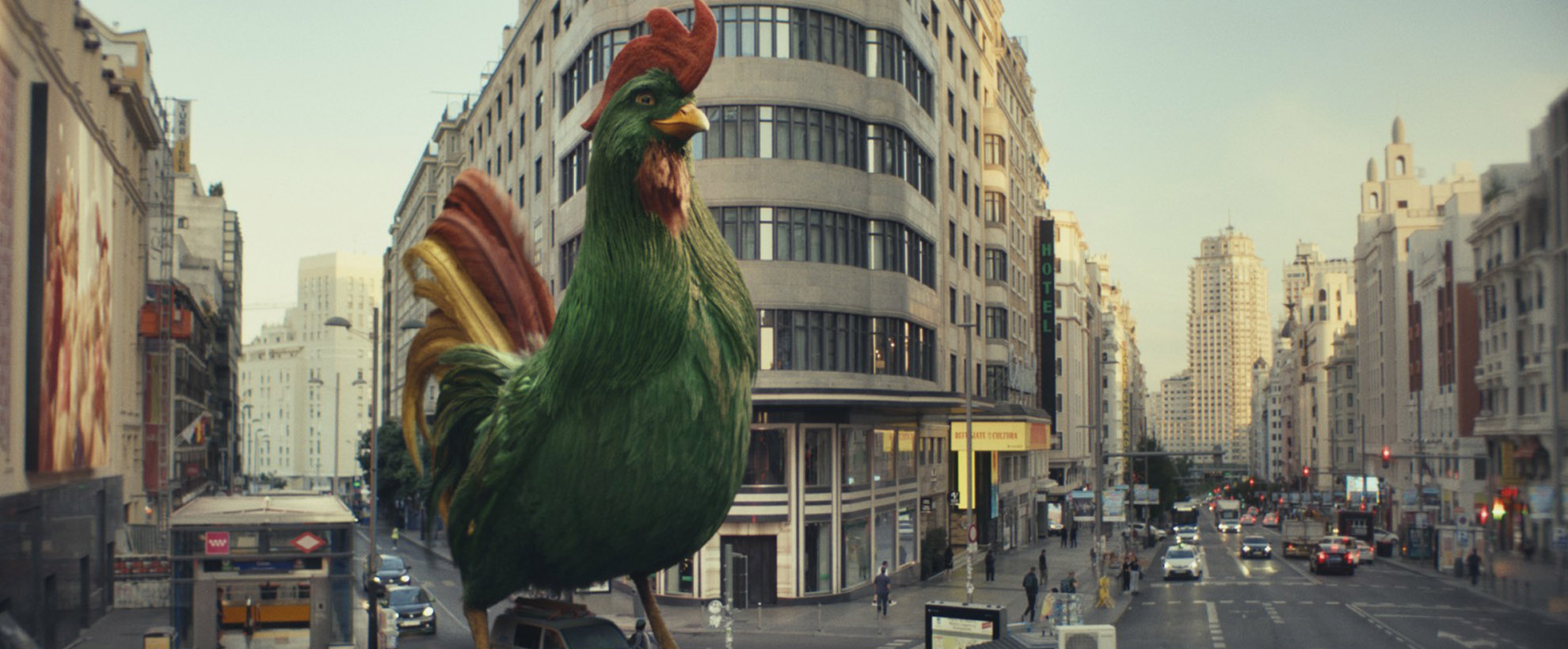 A large green CGI rooster walks through a city