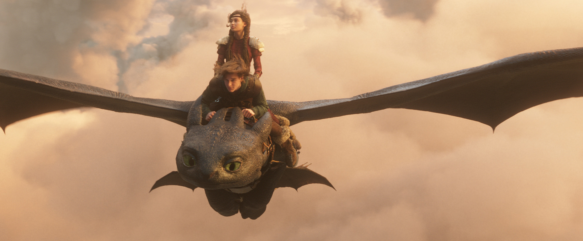 CGI dragon Toothless and Hiccup in flight in How To Train your Dragon film still