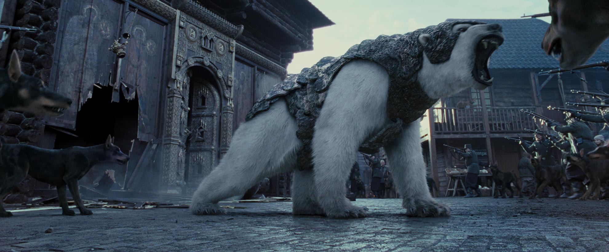 A CGI polar bear wearing armour, roars.