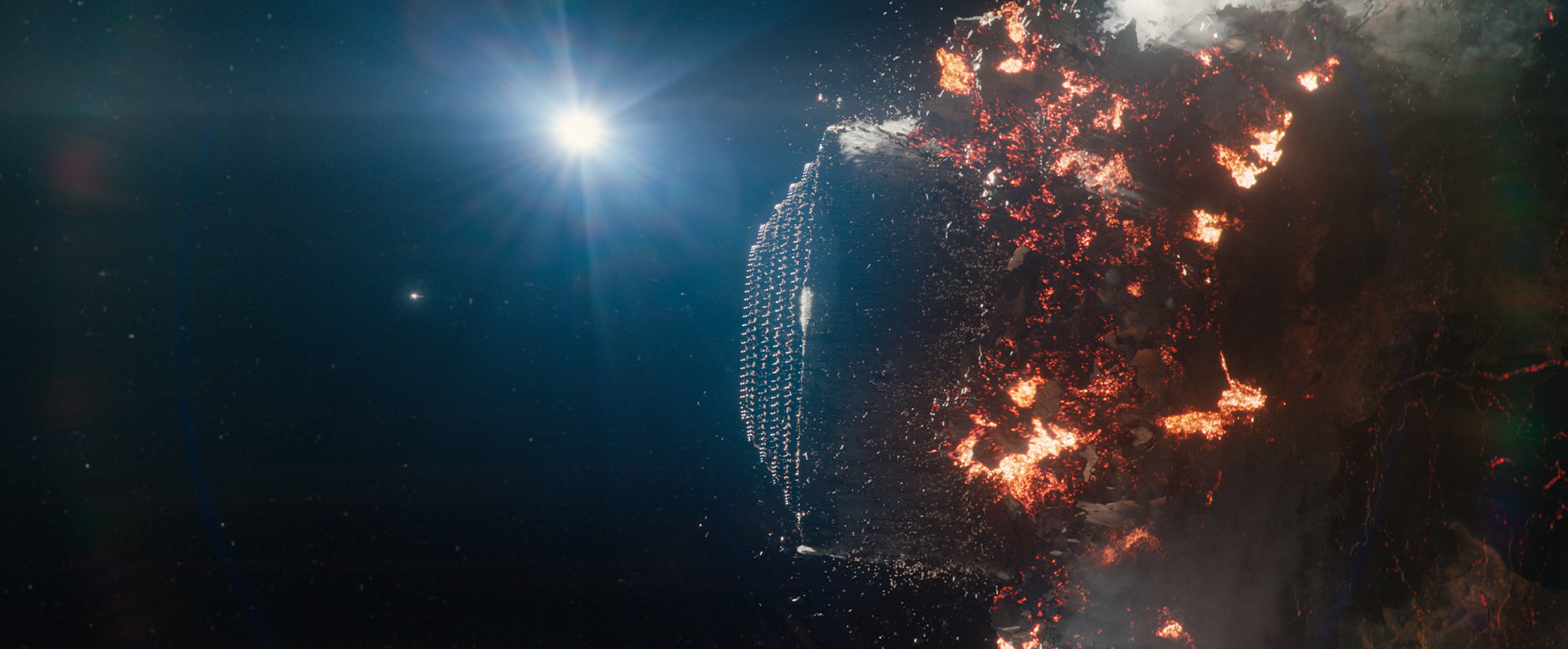 A CGI spaceship smashes through a CGI planet in space