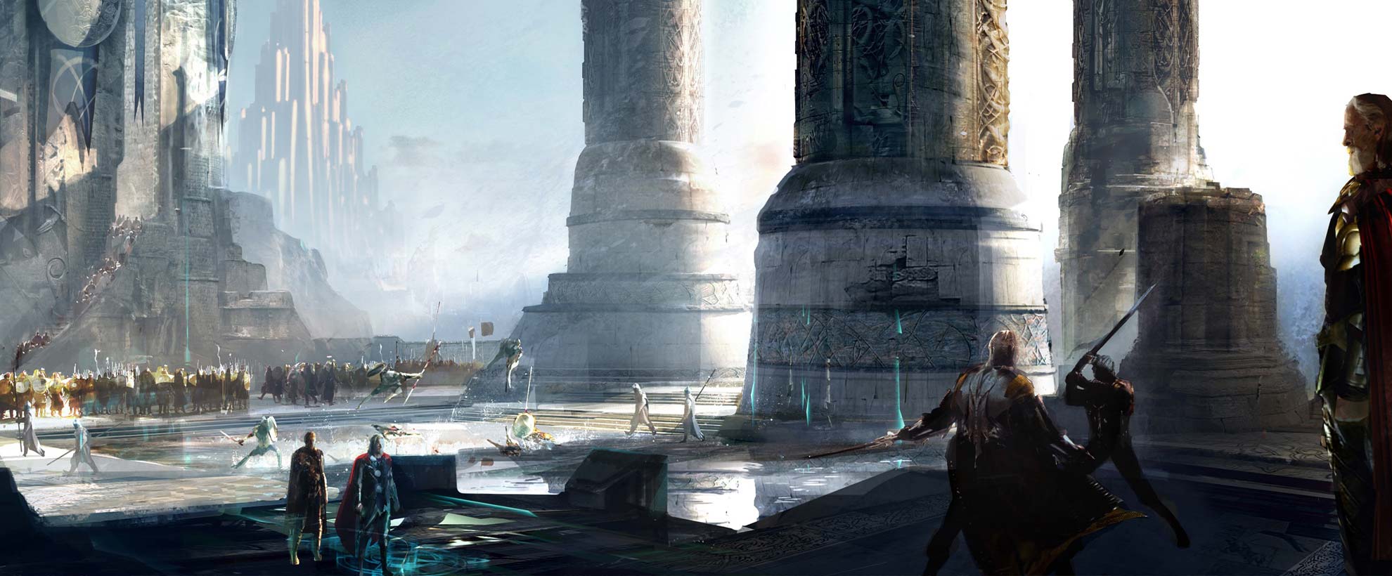 Concept art of Asgard's city, with large ornate pillars