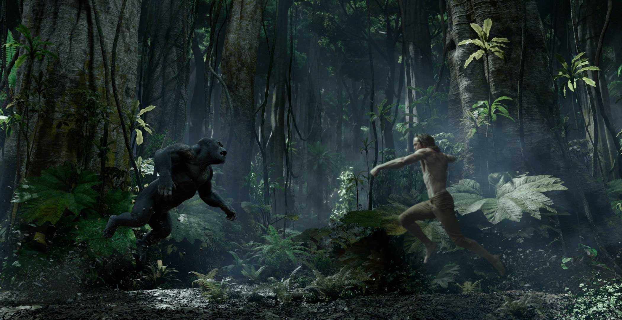 Tarzan and a CGI animated ape charging towards each other in a jungle