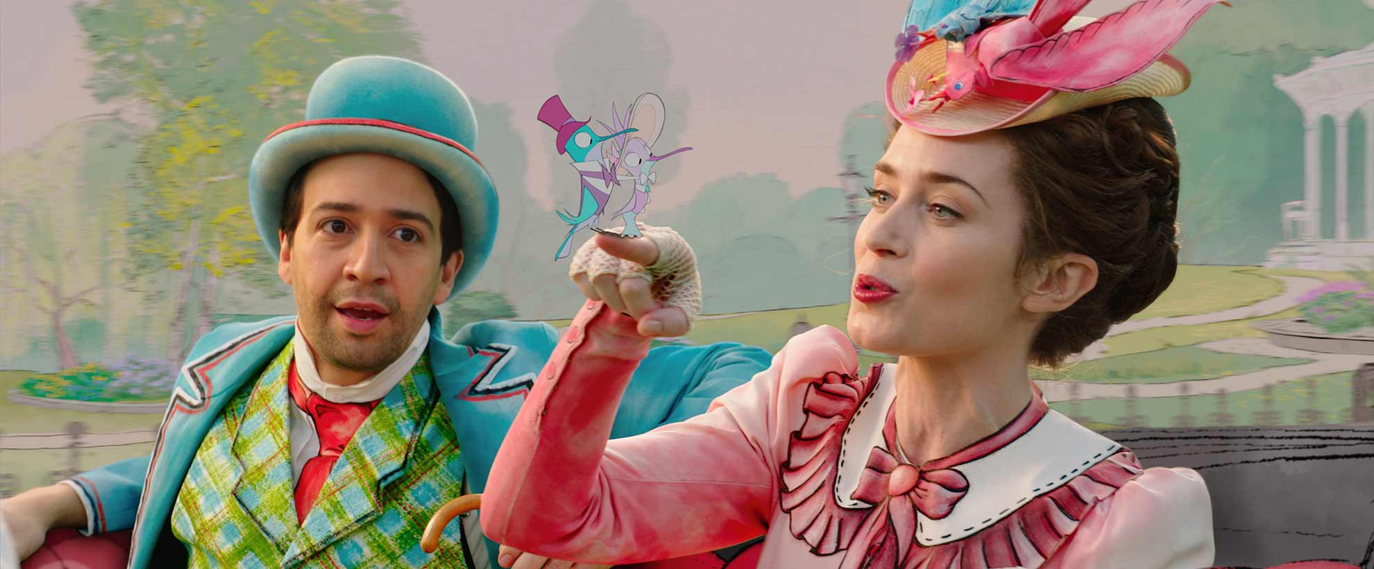 Emily Blunt as Mary Poppins, holding out her finger for animated cartoon-style birds to land there. Jack, played by Lin Manuel Miranda, in the background