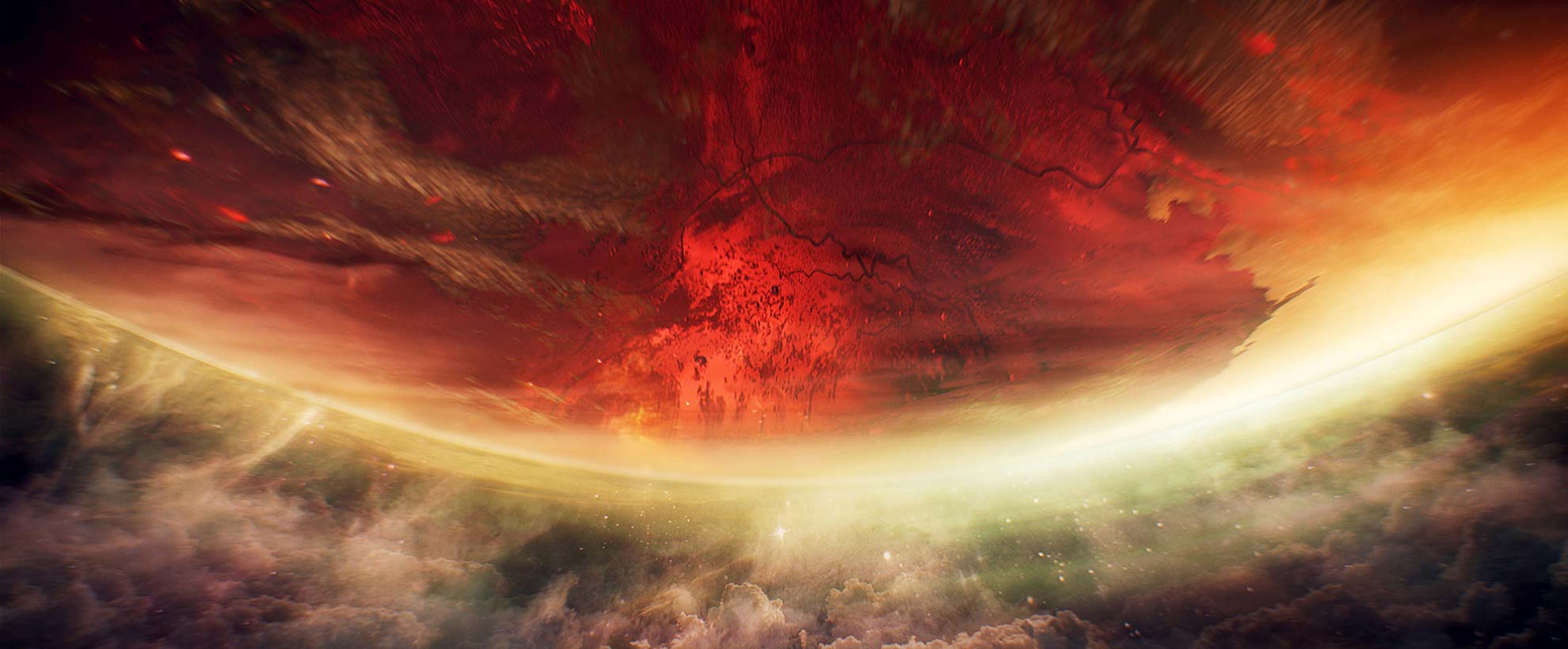 A red CGI planet in a digital space environment
