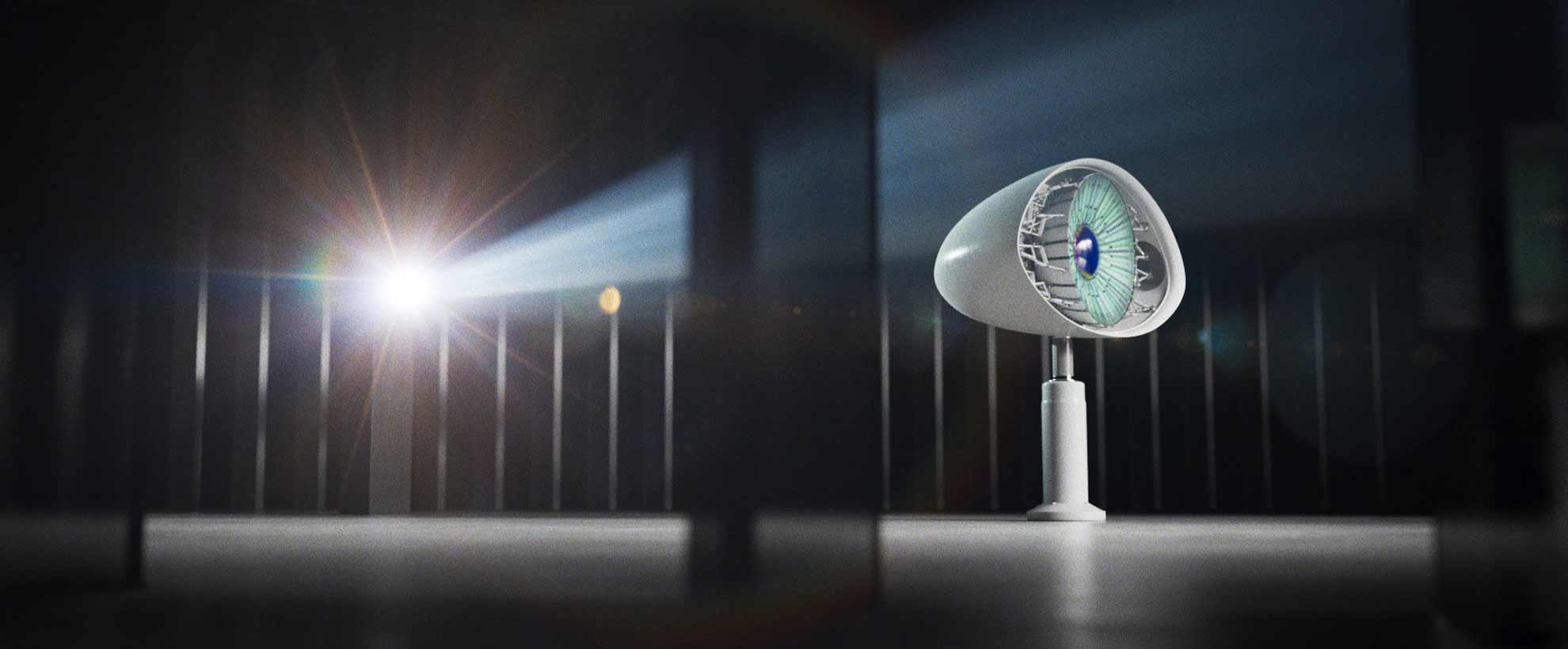 Little white CGI robot with an eye, on a black background