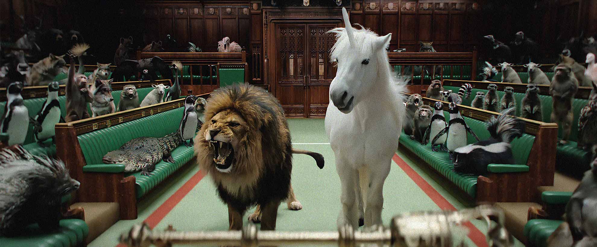 A CGI realistic animated lion and unicorn in the house of commons