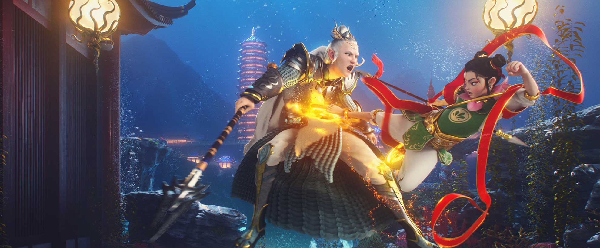 two game characters fighting in a chinese underwater city
