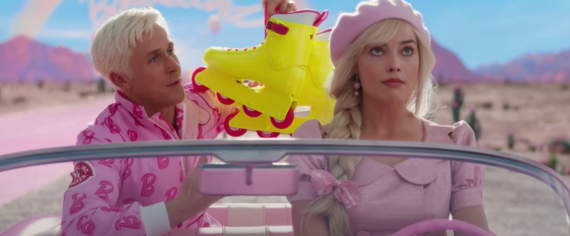 Barbie sits in the drivers seat of her car, rolling her eyes as Ken holds up his rollerblades from the back seat.