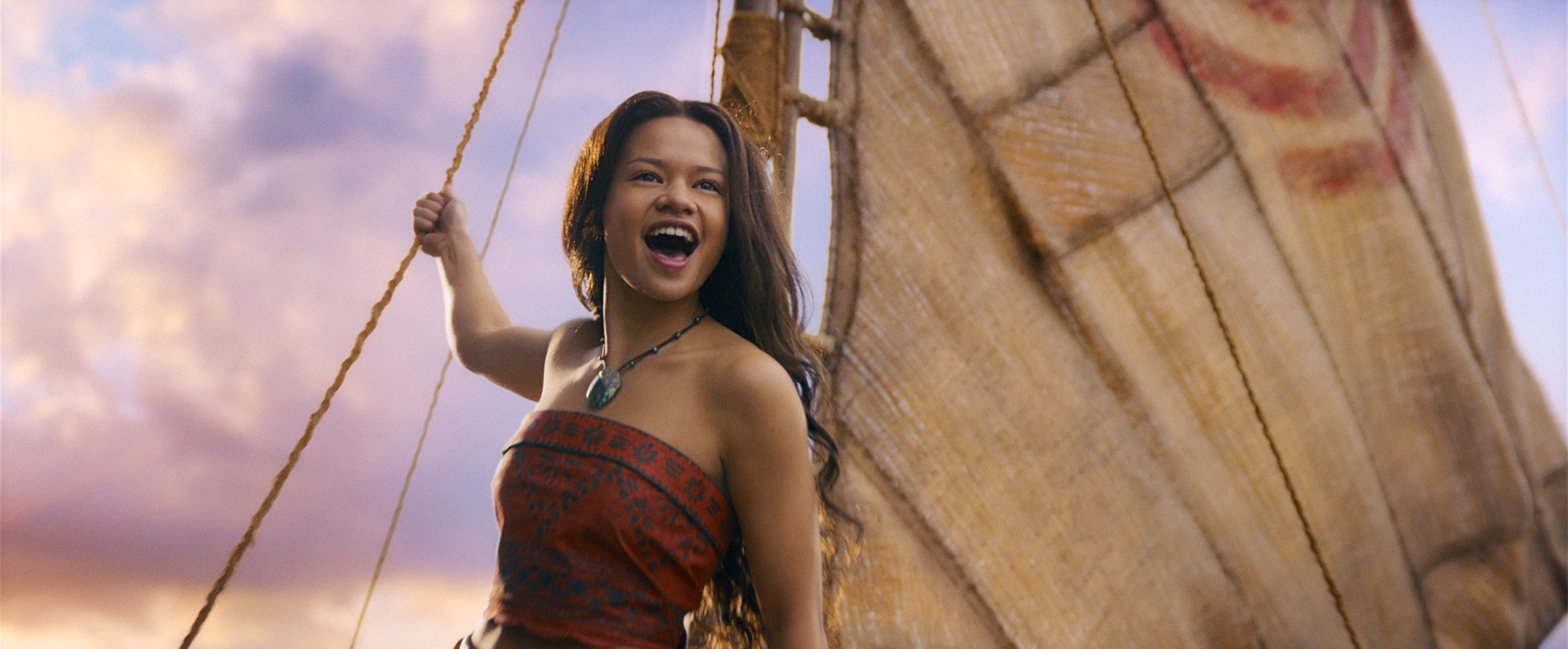 Catherine Lagaʻaia as Moana standing on board her ship