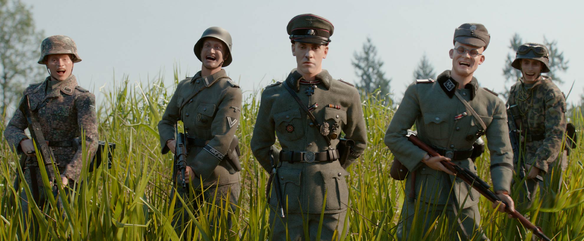 A collection of humanised doll figures, dressed in military best, in a field 