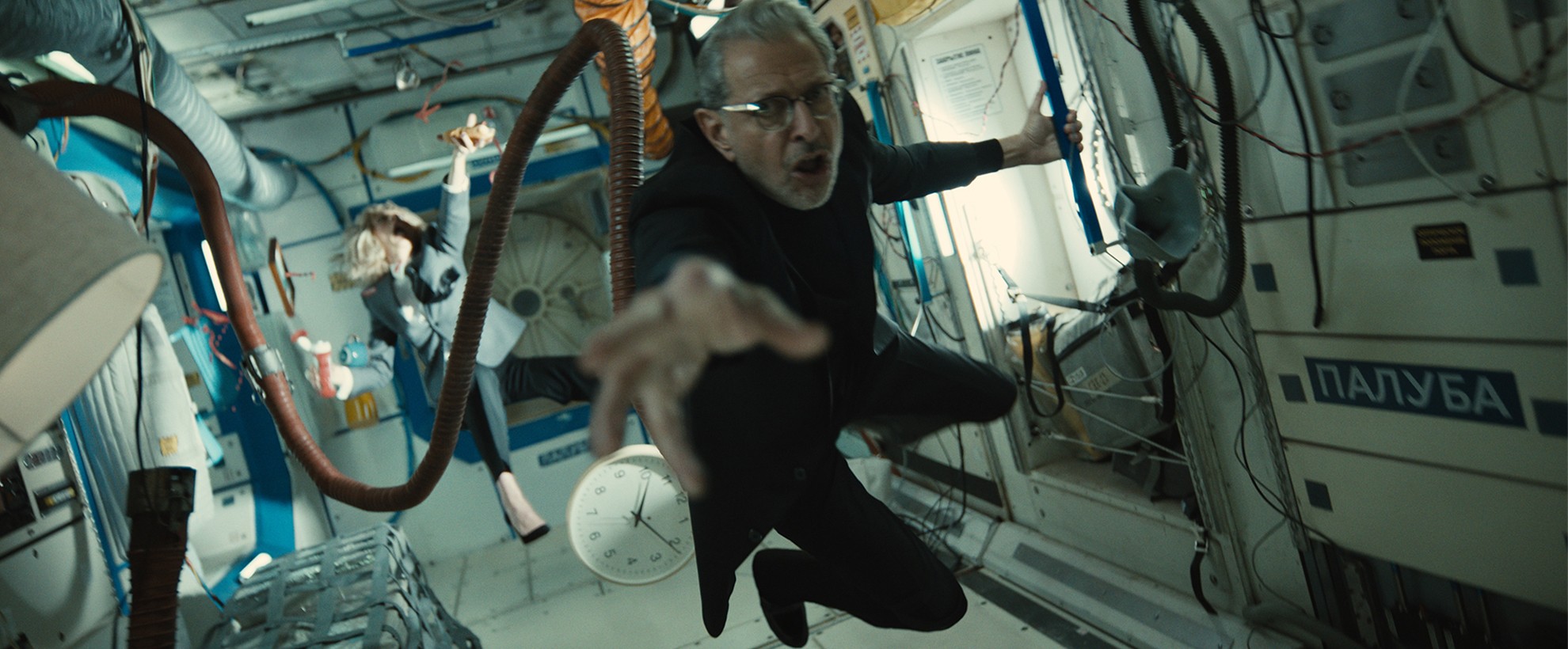 Actor Jeff Goldblum floats in a space ship