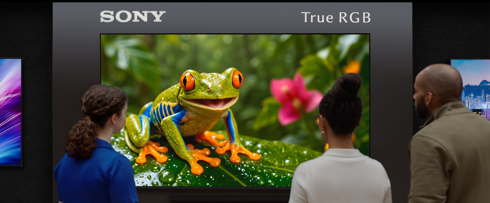 Three people view a Sony True RGB television displaying a vivid, colorful frog on a wet tropical leaf.