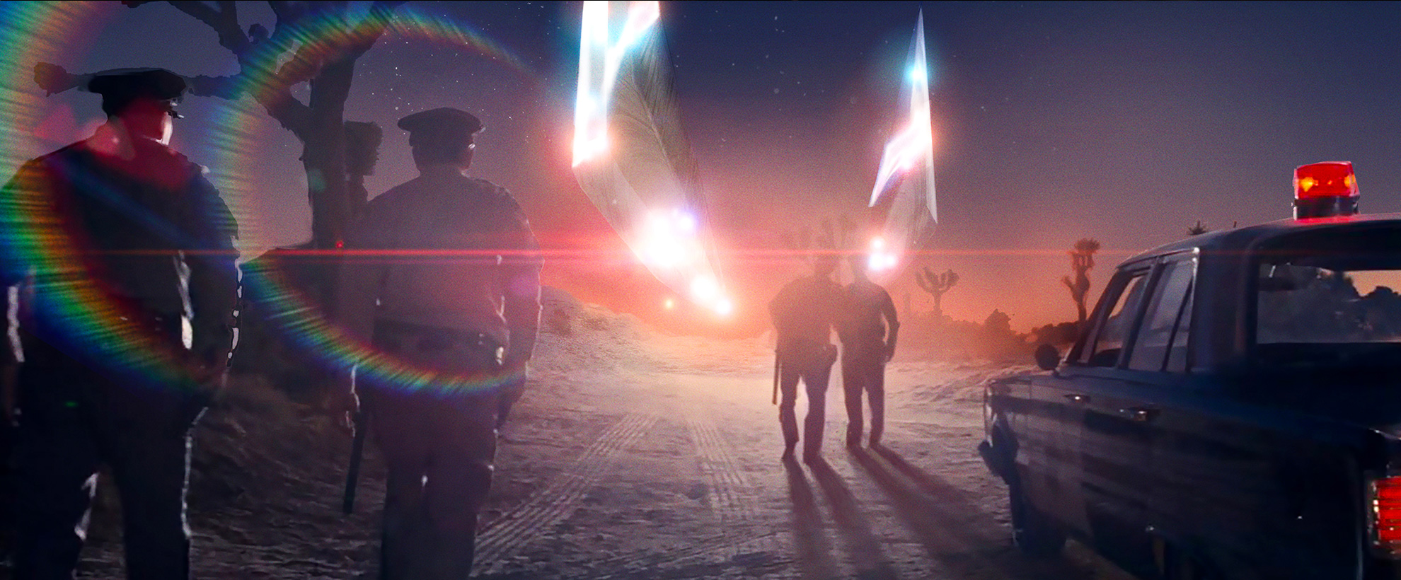 Concept art from the film Disclosure Day, showing police looking at a UFO descending from the sky