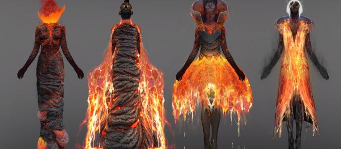four fire themed characters standing side by side showcasing dresses and outfits