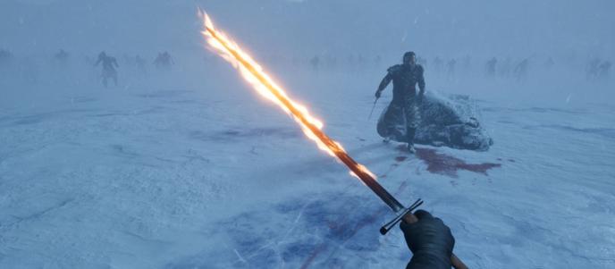 perspective of holding a sword that is aflame while a white walker looking towards you. there are many others faded in the background