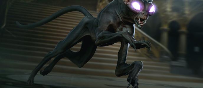 matagot creature leaping with its eyes illuminated with a purple hue