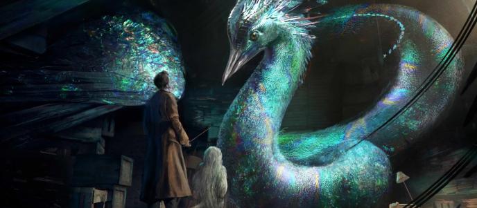a wizard looking up at a plumed occamy creature that has a serpent-like body and iridescent weathers