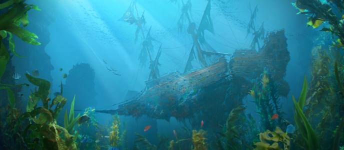 concept art of an underwater shipwreck with kelp and fish surrounding the area