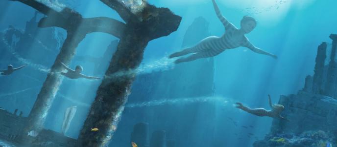 concept art of mary poppins and the banks children swimming underwater through sunken pillars