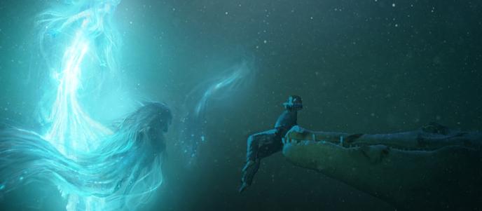 side view of concept art of three mermaids facing an alligator that has a person in its mouth