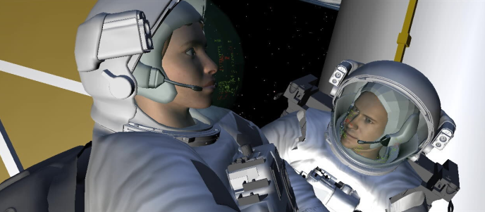 A previs still from Gravity showing two animated astronauts in space.