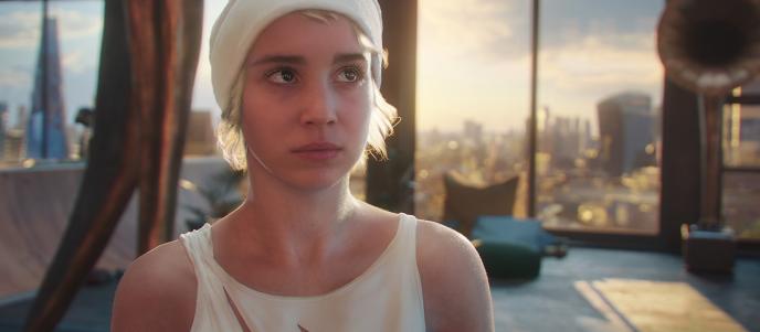 Alba Baptista stars as Stevie in short film FLITE, wearing a cream vest top and beanie hat