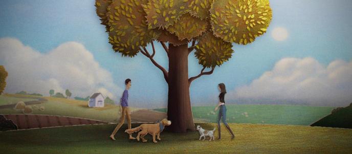 An animated woman and man walk their dogs in the grass under a tree