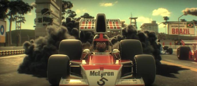 An animated driver in a racecar