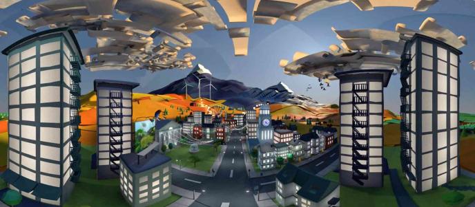 A stylised cartoon image of a cityscape