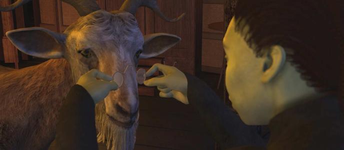Previs from Wicked Part One, Elphaba places spectacles on Doctor Dillamond's face