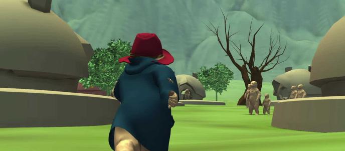 Previs of Paddington running through a bear village