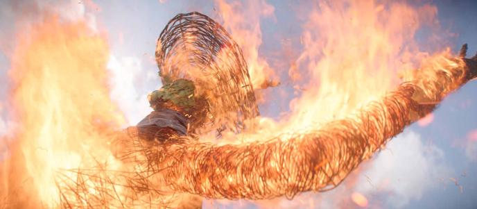 A CGI witch effigy burns with FX simulation fire in Wicked: Part One
