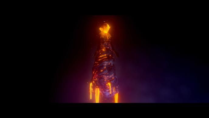 a fire themed character showcasing a dress made out of lava