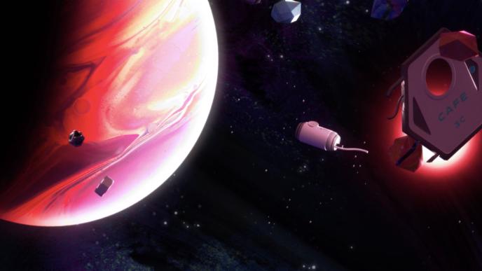 a jupiter-like planet in space. there is a space shuttle that has the tex 'cafe 3c' written on it