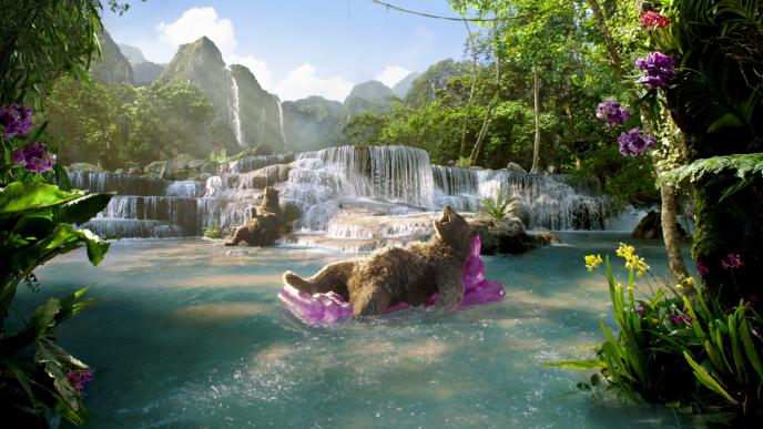 cg animated bears chilling by a waterfall. one of them is laying with its back against the rocks, the other bear is laying on an inflatable lilo