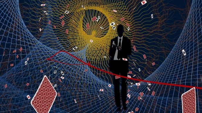 graphic design image of james bond character in a digital space with playing cards flying around