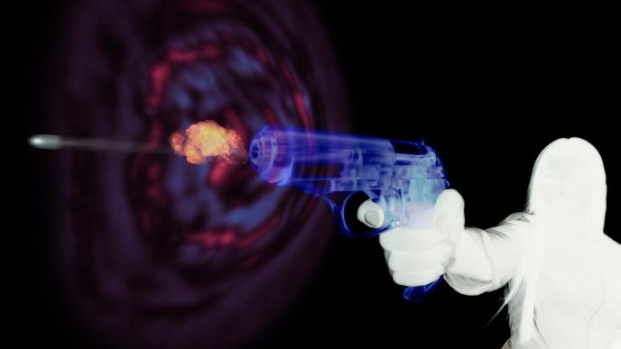graphic design animated person shooting a holographic gun