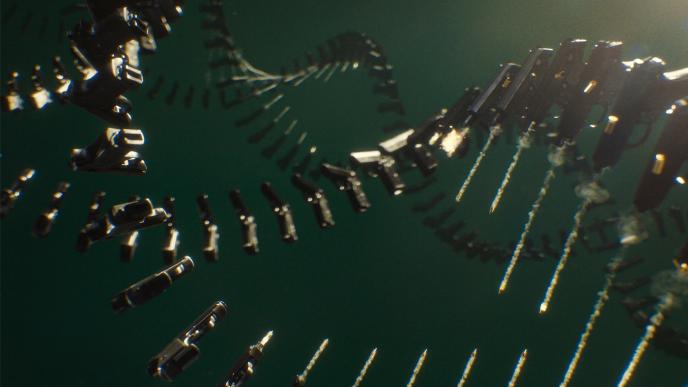 animated guns in line as dna sequence that are shooting fire in front of a dark green background