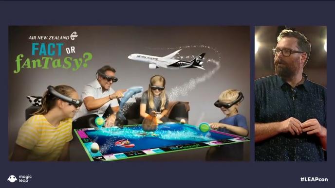 a split image: a family of four wearing VR headsets playing a virtual board game. on the right side there is the director looking towards the left