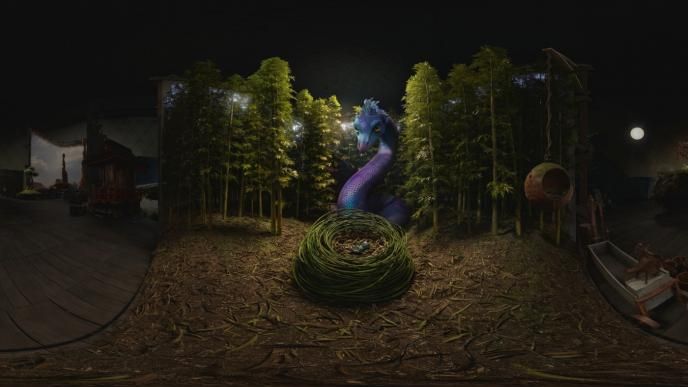 occamy creature from fantastic beasts and where to find tem standing in the centre of trees behind a nest made of spiral twigs inside of a studio