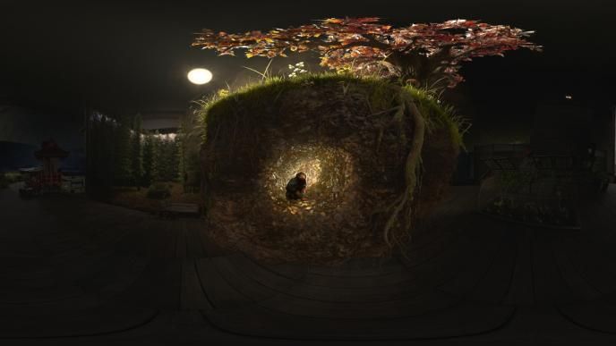 perspective of the niffler creature from fantastic beasts and where to find them underground under a tree in a studio