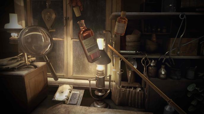 potions and a magnifying glass hovering in the air through a wand in a workroom