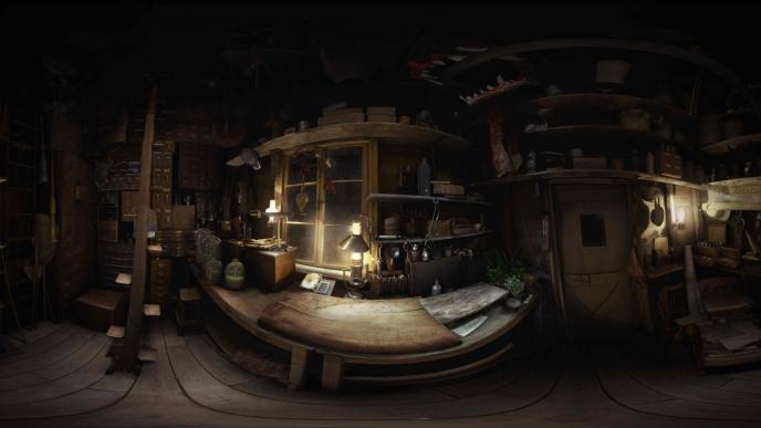 fisheye perspective of a dimly lit wooden workroom 