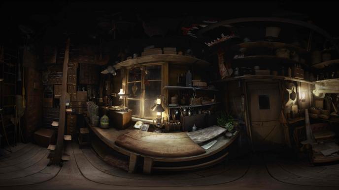 fisheye perspective of a dimly lit wooden workroom