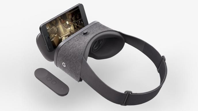 vr headset with a mobile phone that is hovering in front of the lense and the controller on the side