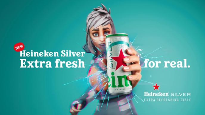 animated person holding up a can of heineken beer with the text 'heineken silver extra fresh for real'