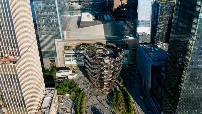 aerial shot of the hudson yards office building