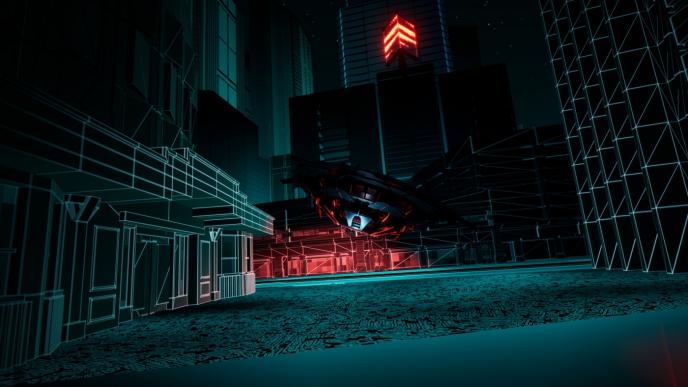futuristic cityscape of skyscrapers set in nighttime. there is a spacecraft hovering in the centre, close to the ground