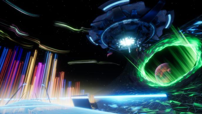 hyper reality environment in space. there is a bridge that leads to colourful translucent pillars on the left. on the right there are geometrical shapes folded into a wormhole and a spacecraft hovering just towards its left